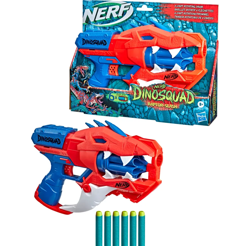 Nerf Dinosquad Blaster Lancia-Dardi Raptor-Slash, Con Tamburo Rotante Da 6 Dardi E Azione Raffica