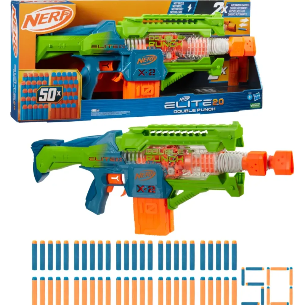 Nerf Elite 2.0, Blaster Lancia-Dardi Double Punch, 50 Dardi Nerf Elite, 2 Caricatori Da 10 Dardi, Blaster Nerf Motorizzato, Dagli 8 Anni In Su