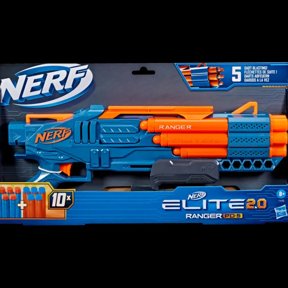 Nerf Elite 2.0, Blaster Ranger Pd-5, Raffica A 5 Canne, 10 Dardi Nerf Elite, Facile Da Usare, Portadardi, Azione A Pompa