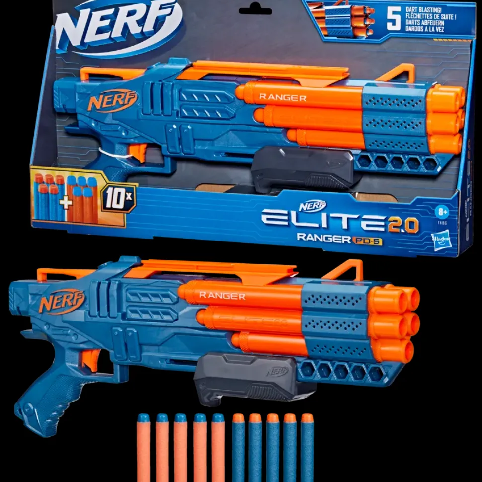 Nerf Elite 2.0, Blaster Ranger Pd-5, Raffica A 5 Canne, 10 Dardi Nerf Elite, Facile Da Usare, Portadardi, Azione A Pompa