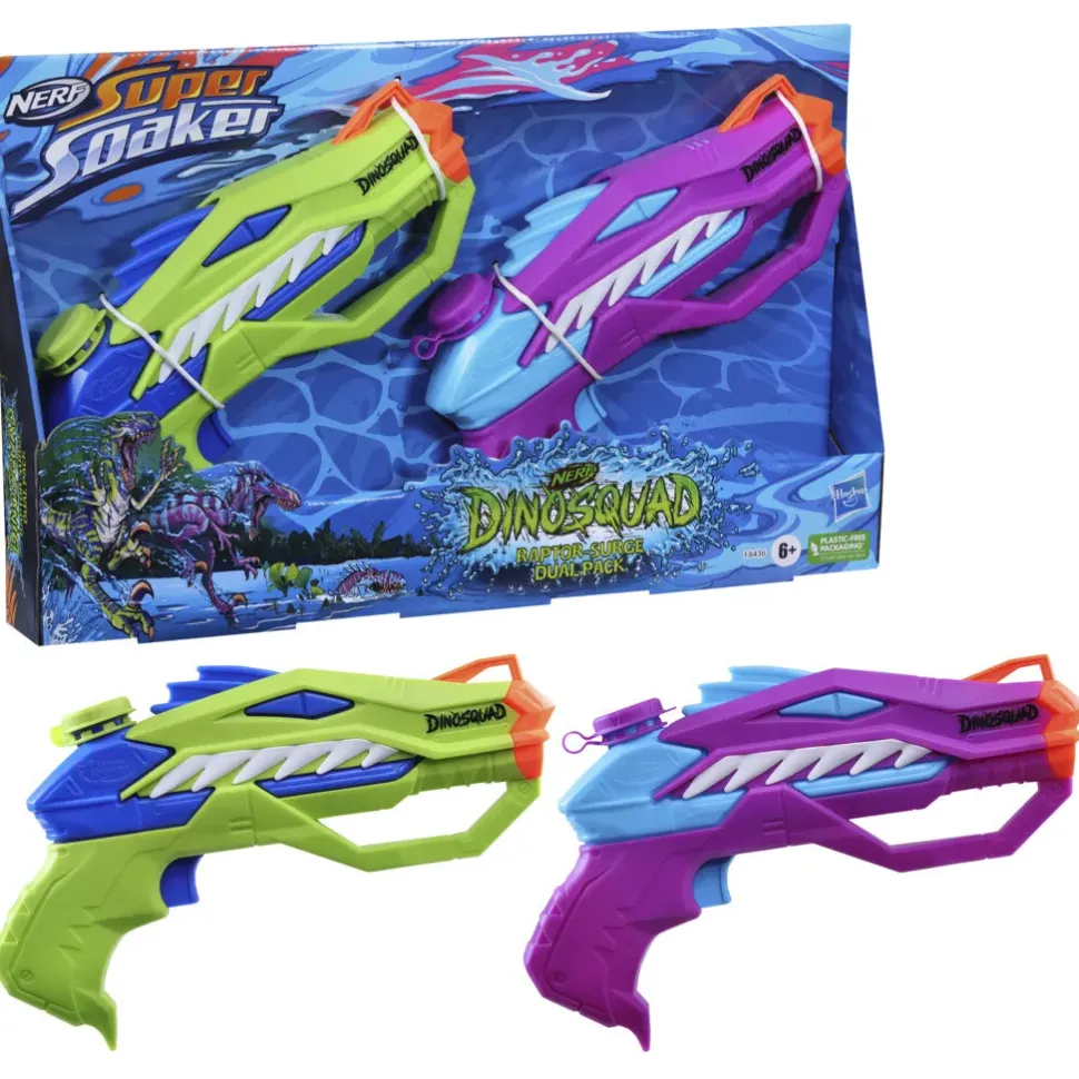 Nerf Super Soaker Dinosquad, 2 Raptor-Surge, Include 2 Soaker Con Design A Forma Di Dinosauro