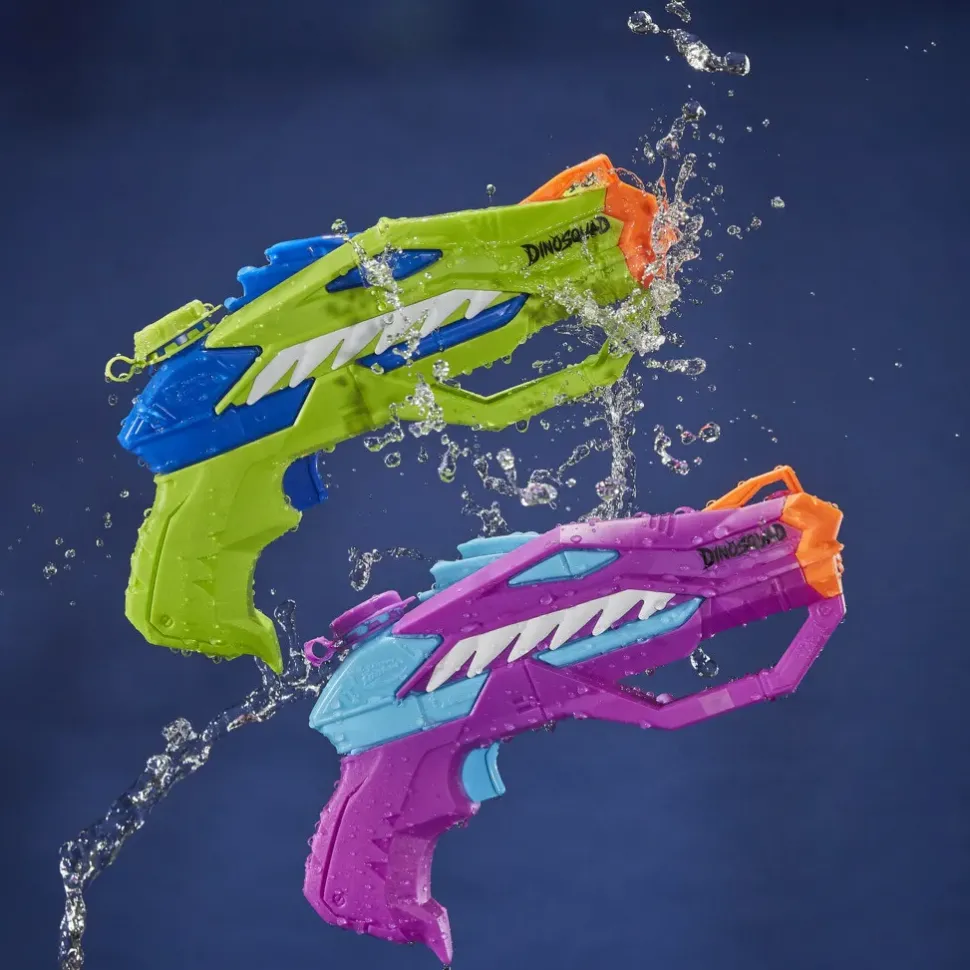 Nerf Super Soaker Dinosquad, 2 Raptor-Surge, Include 2 Soaker Con Design A Forma Di Dinosauro