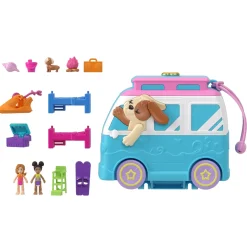 Polly Pocket Furgoncino Cucciolo Sole E Mare, Playset Da Viaggio Con Esterno Interattivo, 2 Micro Bambole E 12 Accessori Inclusi