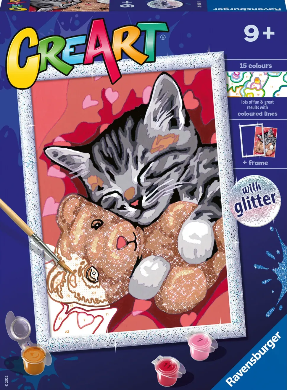 Ravensburger Creart Serie D: Gattino E Il Suo Orsetto, Kit Per Dipingere Con I Numeri, Contiene Una Tavola Prestampata, Pennello, Colori E Accessori, Gioco Creativo Per Bambini 9+ Anni
