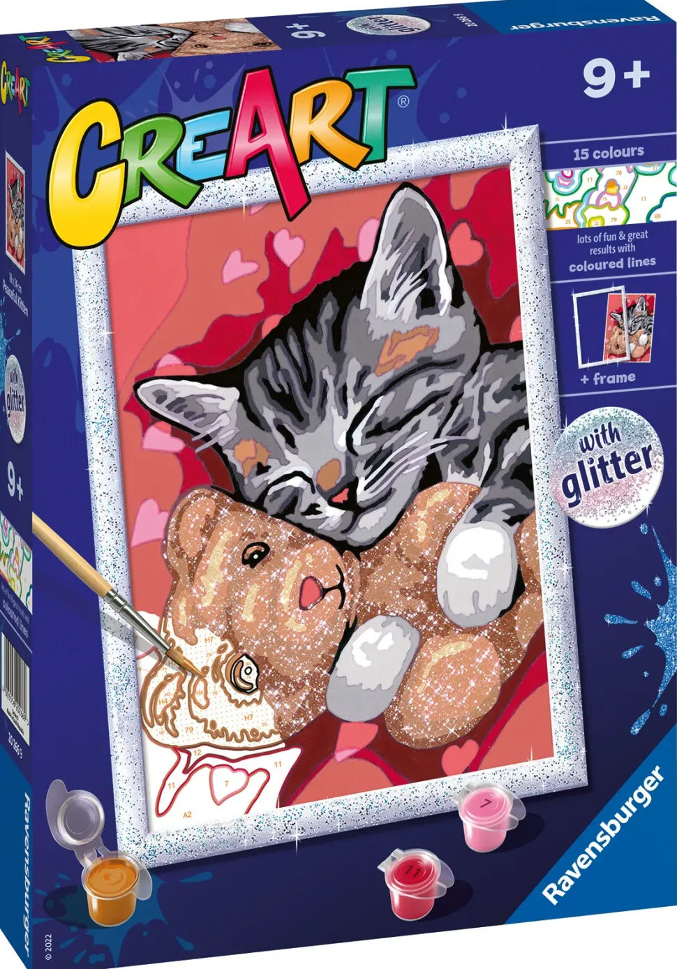 Ravensburger Creart Serie D: Gattino E Il Suo Orsetto, Kit Per Dipingere Con I Numeri, Contiene Una Tavola Prestampata, Pennello, Colori E Accessori, Gioco Creativo Per Bambini 9+ Anni