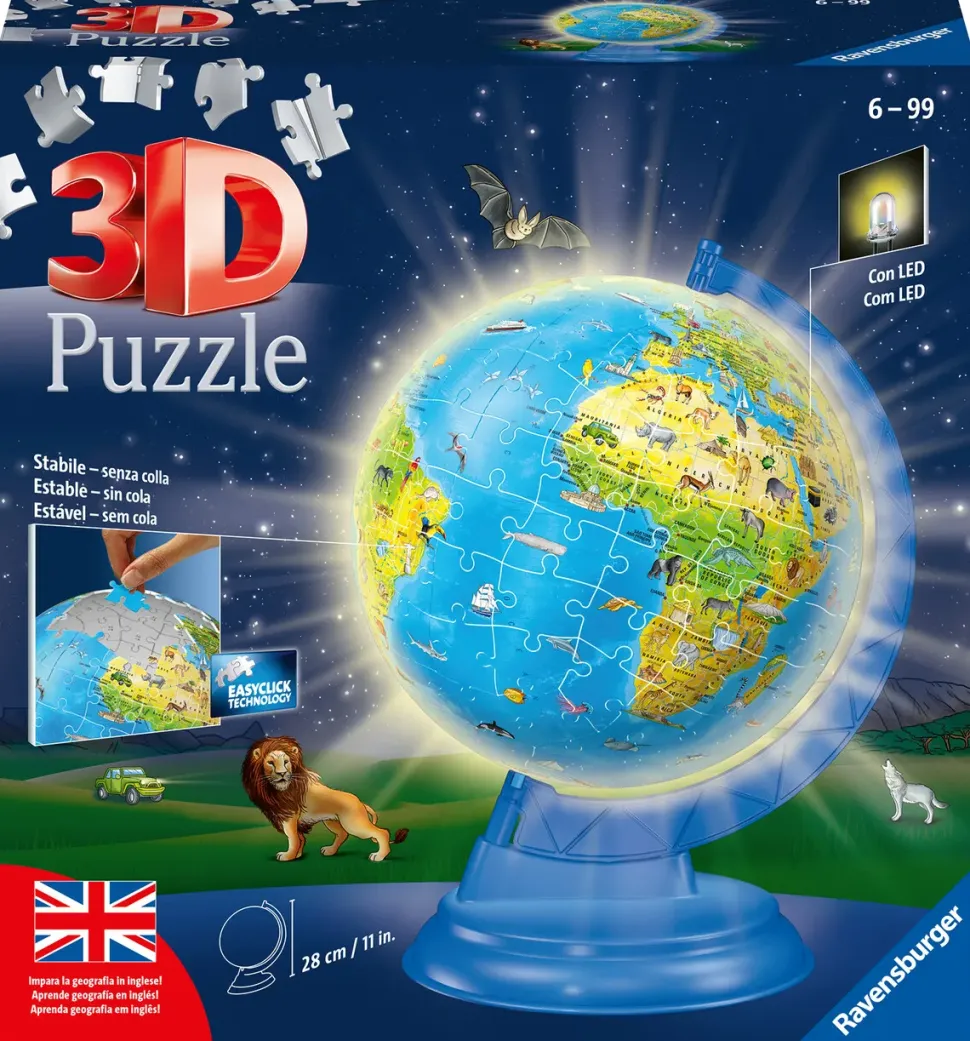 Ravensburger 3D Puzzle Globo Night Edition Con Luce, Impara La Geografia In Inglese, 180 Pezzi, 6+ Anni