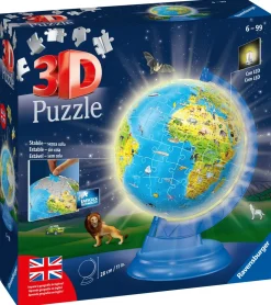 Ravensburger 3D Puzzle Globo Night Edition Con Luce, Impara La Geografia In Inglese, 180 Pezzi, 6+ Anni