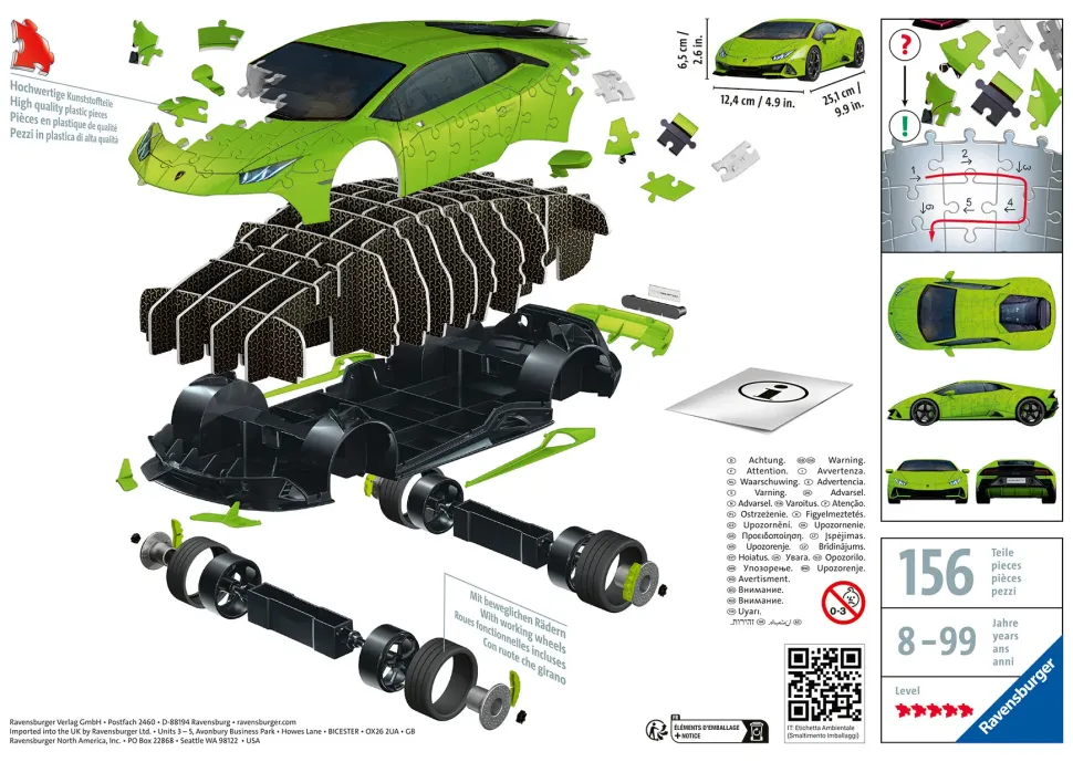 Ravensburger 3D Puzzle Lamborghini Huracan Evo Verde, 108 Pezzi, 8+ Anni