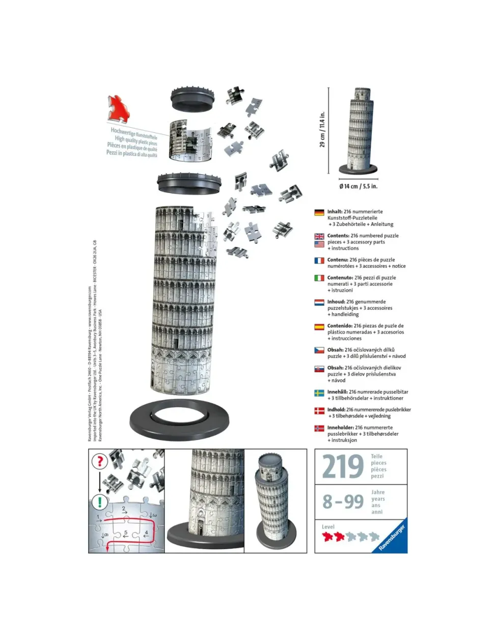 Ravensburger 3D Puzzle Torre Di Pisa, Italia, 216 Pezzi, 10+ Anni