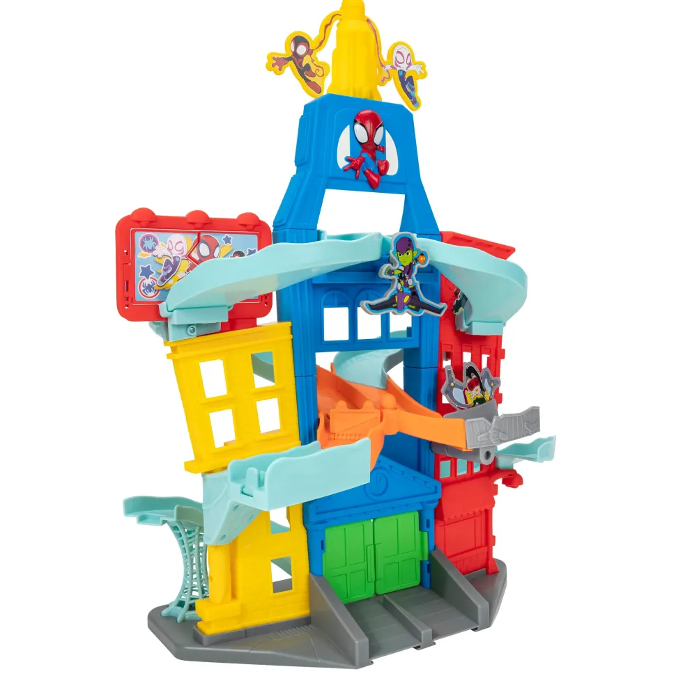 Spidey City Playset Con 2 Veicoli Esclusivi. Una Pista Con Doppio Tracciato, Diversi Meccanismi Di Gioco E Con Due Veicoli Diecast Inclusi